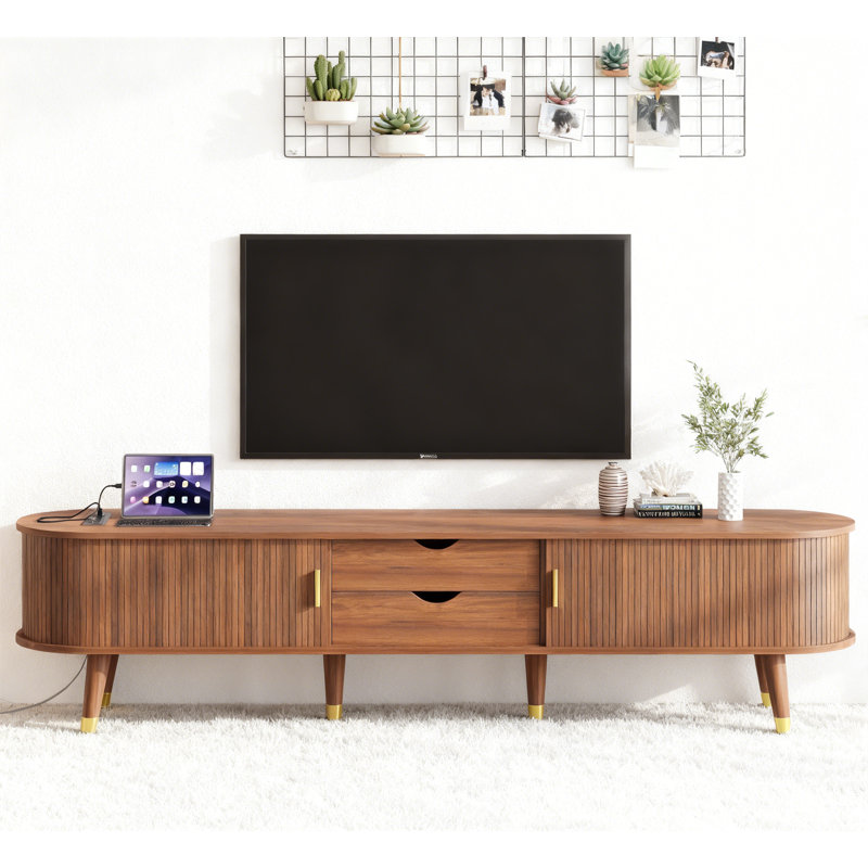 Meuble télé ovale en bois avec station de charge, Noyer