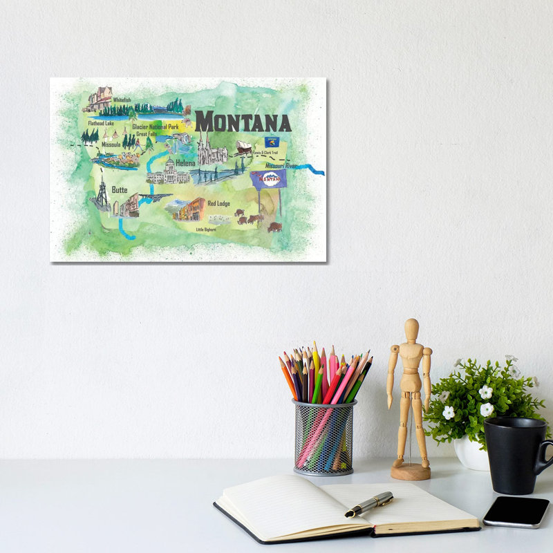 USA, Montana Illustrated Travel Poster 1 Piece Wrapped Canvas Wall Art, 20.32 cm H x 30.48 cm W