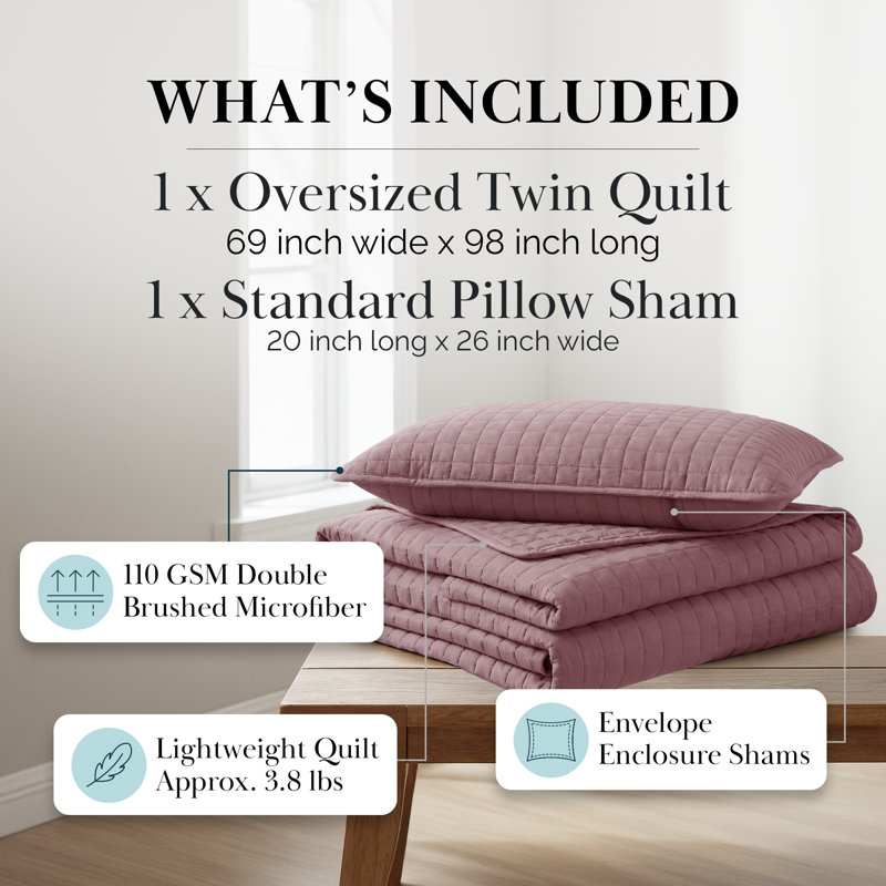 Ensemble de courtepointe surdimensionnée Vilano de Southshore Fine Linens, literie matelassée légère en microfibre doublement brossée et 1 taie d'oreiller, Twin/Twin XL, lavande