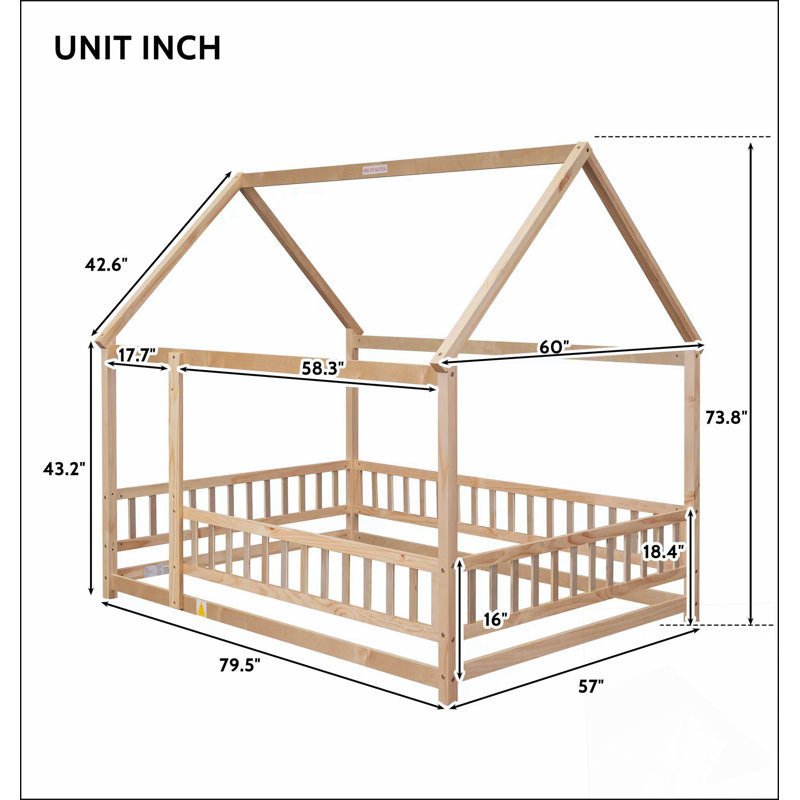 Lit de plancher en bois avec cadre de toit de maison, garde-corps de clôture et conception confortable pour plus de sécurité et de confort