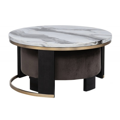 Contemporary Round Coffee Table Of 2 With Faux Marble Top And Brown/gold , Living Room Side Table, Metal Frame Antiqued Brass, Dark Wood Grain Legs, D
