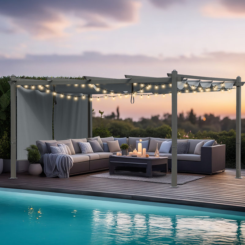 Pergola en aluminium avec auvent Aoodor, H 8,2 pi x l 14 pi x P 12 pi, Gris