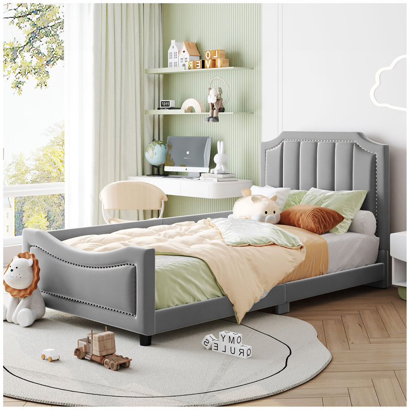 Upholstered Daybed with Classic Stripe Shaped Headboard, Grey