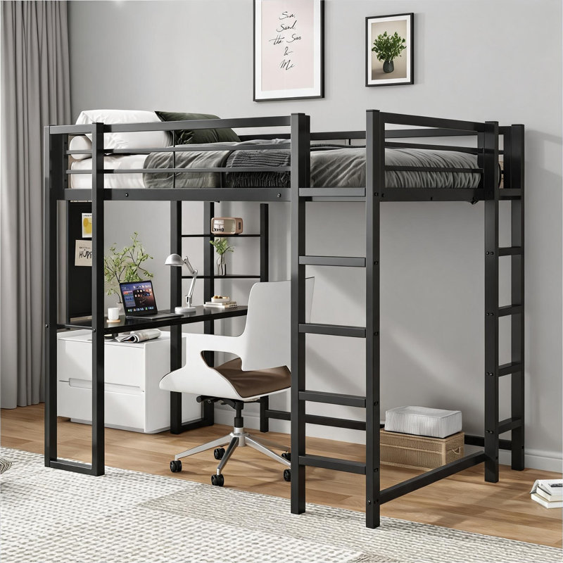 Small Teen Bedroom Loft Bed Frame, Full Size, Compact Integrated Workspace, Deep Black Iron Construction