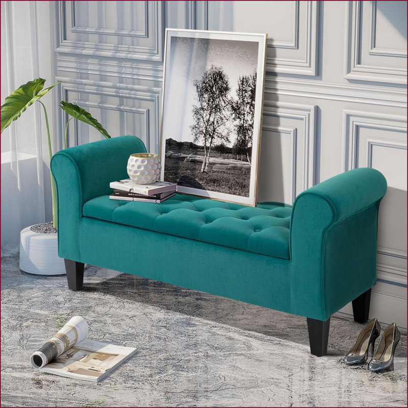 Banc de rangement repose-pieds, accoudoirs roulés vert sauge capitonné - salon / couloir / bout de lit | Bois | Noir