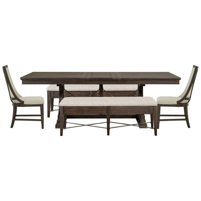 Extendable Trestle Dining Table With 2 Upholstered Benches And 2 Host Chairs