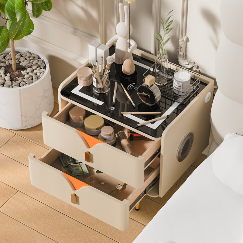 20"Smart nightstand with USB Wireless Charging, LED 3-Color Lights, and Bluetooth Speakers, Beige/Orange