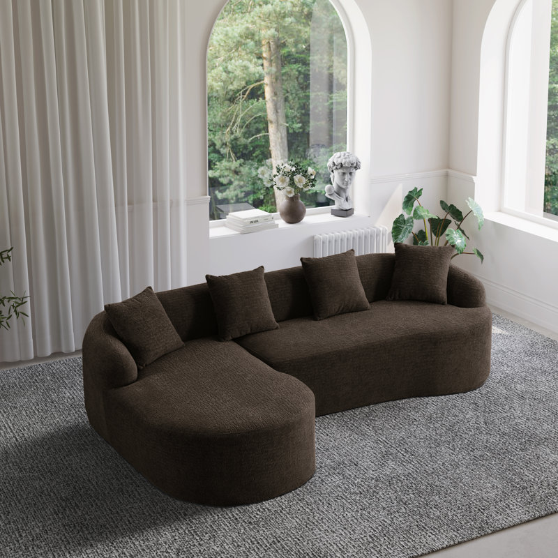 2-piece Boneless L-shaped Sectional Sofa With Curved Design And Left-facing Chaise, Brown Chenille