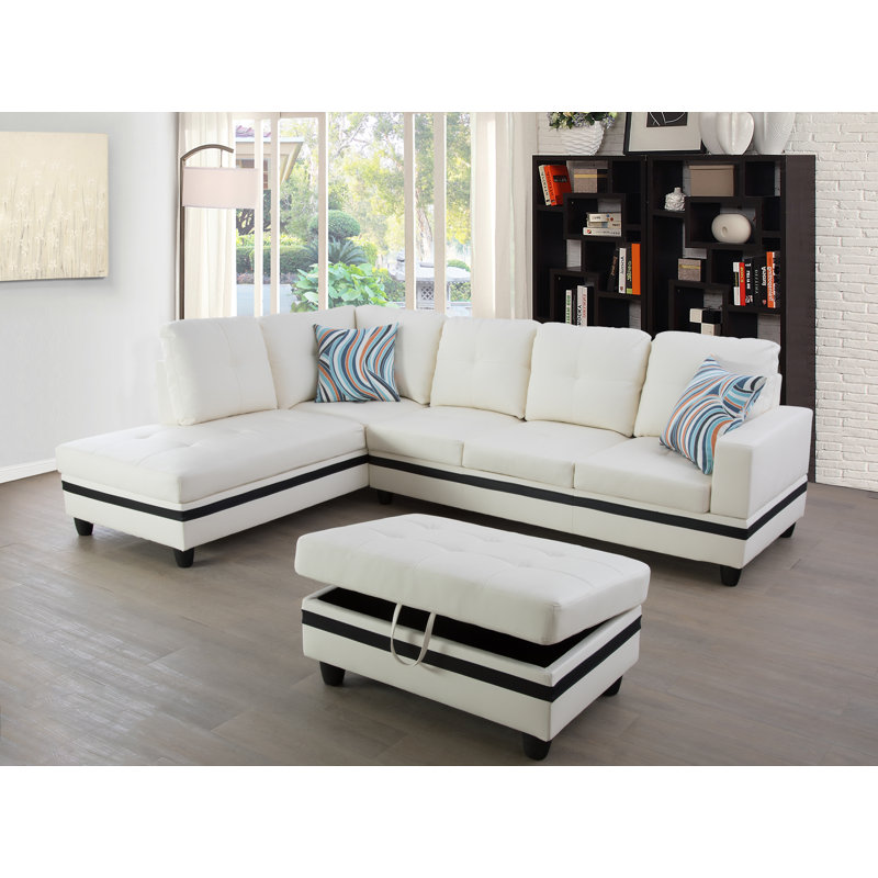Brevard Faux Leather L-Shaped Sectional, Left Hand Facing, White with 1 Black Stripe