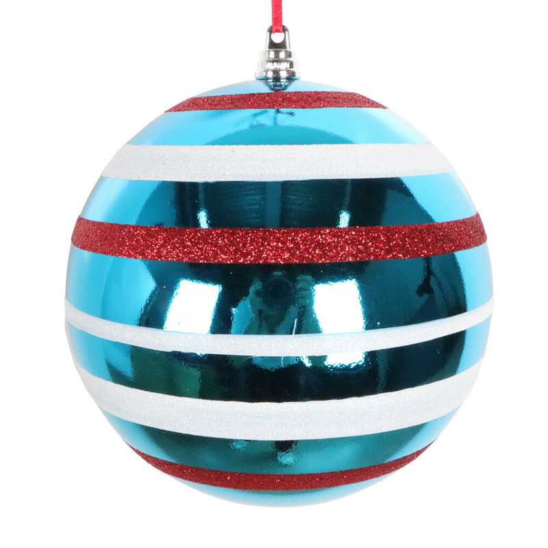 Vickerman 6" Turquoise Shiny Red and White Glitter Ball Ornament. Includes 2 pieces per bag.