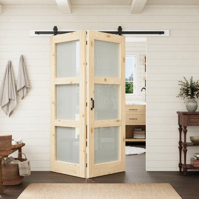 Porte intérieure à 3 panneaux en pin et verre trempé dépoli, 56 po x 80 po, avec quincaillerie pour portes pliantes de style grange. Convient au salon et au garde-manger.