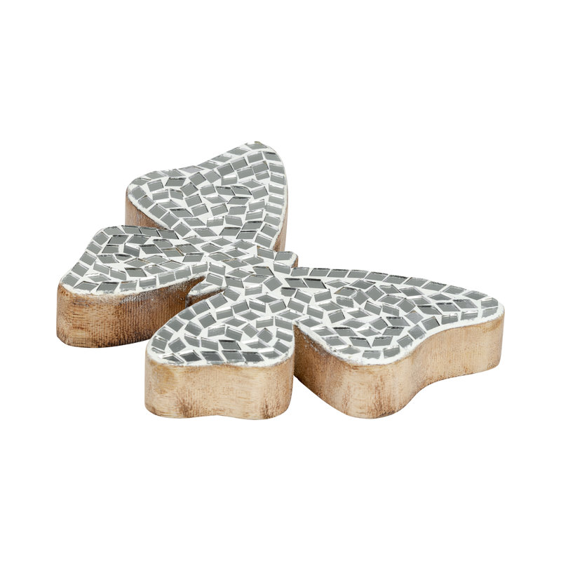 Stylish Butterfly Figurine Crafted from Wood, Glass, and Mango Wood with Intricate Mosaic Design for Elegant Decorative Accent