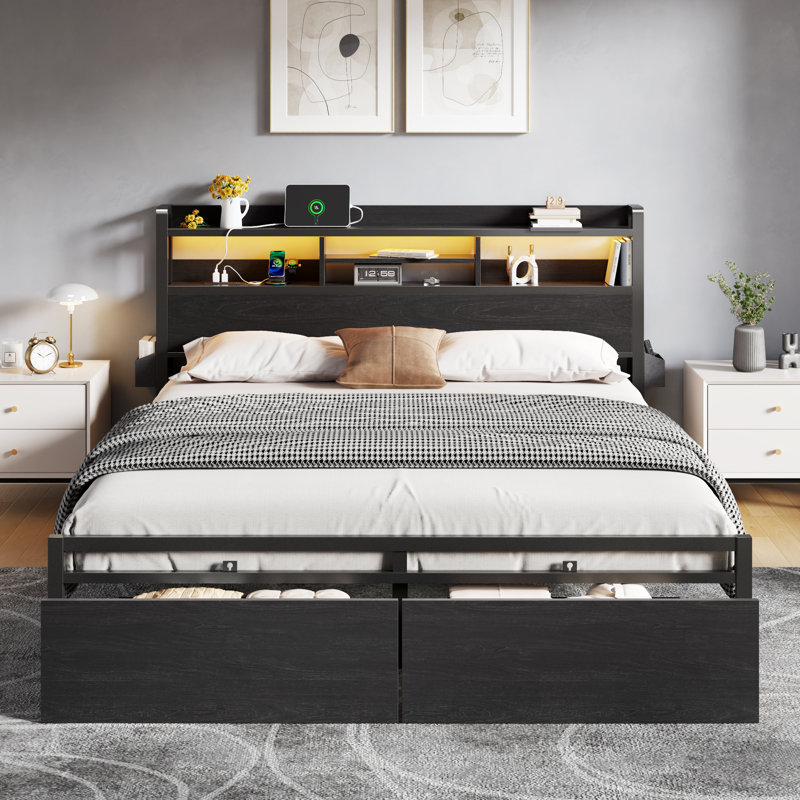 Bed Metal Frame Adjustable Height with 3-Tier Shelf,RGB LED Light, Charging Station, King