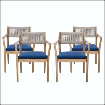 Ensemble de chaises de salle à manger en bois d'acacia tressé 6 pièces avec corde beige et coussin bleu marine