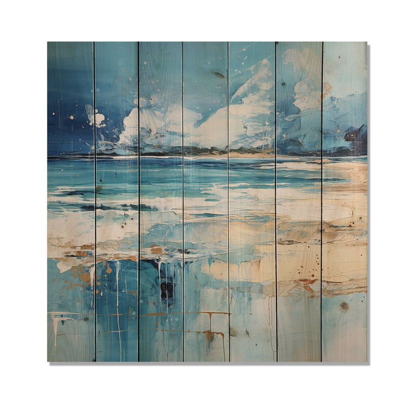 Blue And Beige Tranquility Beach II - Coastal Minimalism On Wood Print, 15" H x 15" W