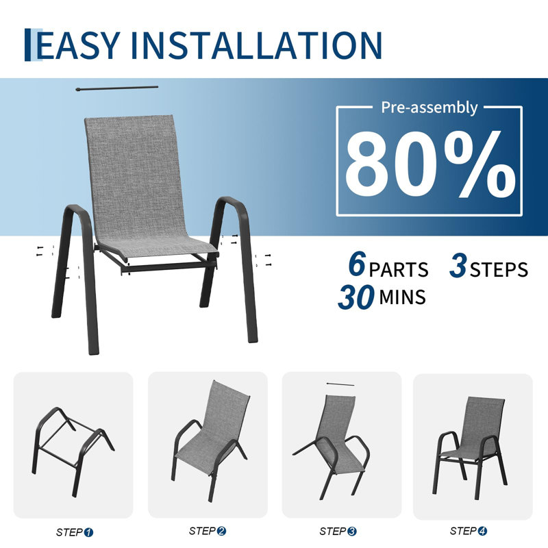 Stackable Outdoor Patio Chairs, High-Back Metal Garden Furniture Set with Breathable PVC-coated polyester Fabric, Space-Saving Design