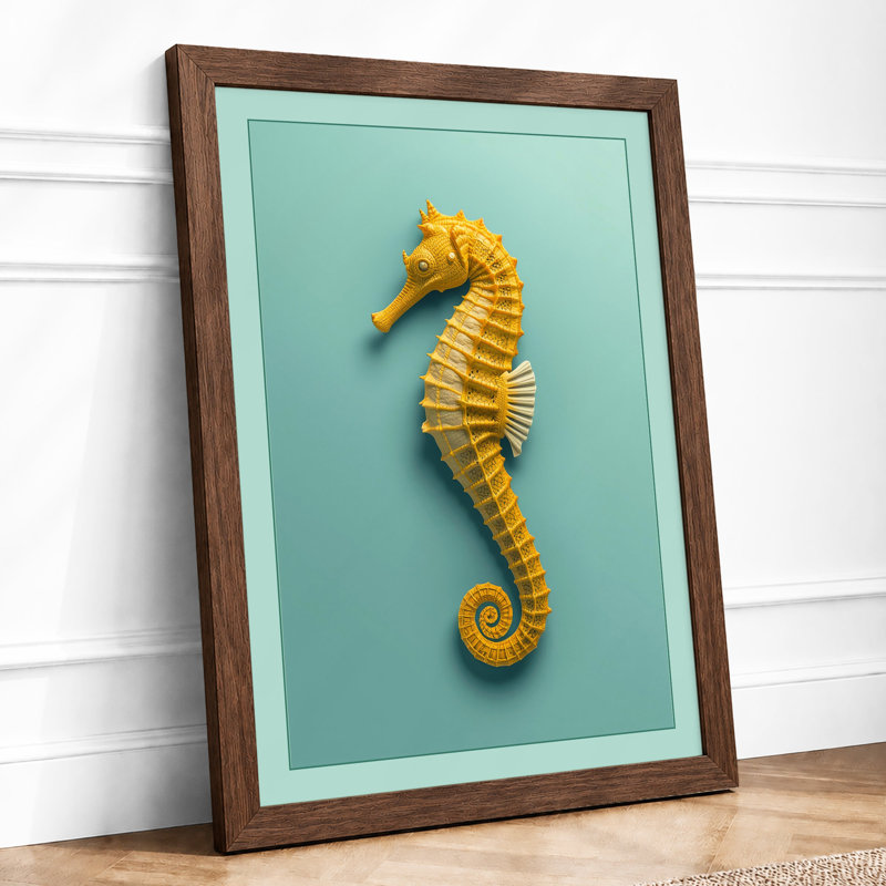 Golden Seahorse Coastal - Framed Print, A3 - 42.0 x 29.7 cm, Walnut