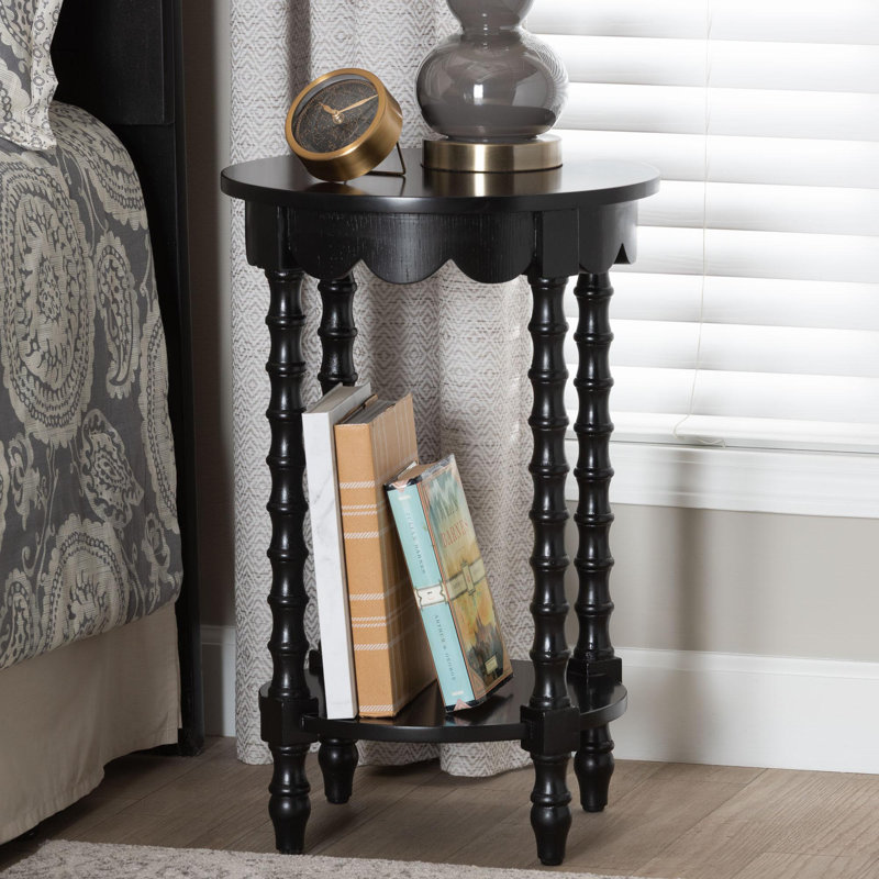 Baxton Studio Sally Round Nightstand With Bamboo Inspired Legs - Scalloped Bedroom Side Table With Open Shelf, Black, Black