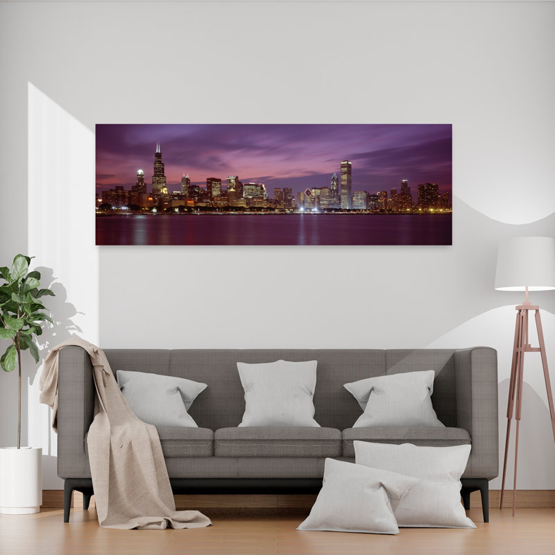 Skyscrapers in a city lit up at night Chicago Illinois USA 1 Piece Wrapped Canvas Panoramic Wall Art, 50.8 cm H x 152.4 cm W