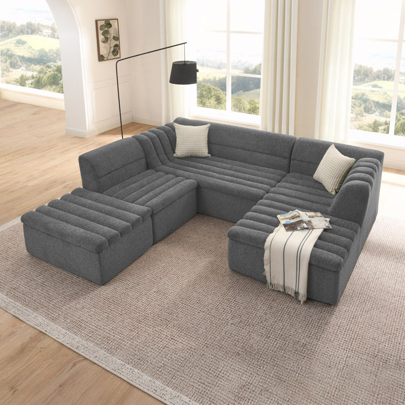 Canapé modulaire en U avec accoudoirs en forme de vague, Chenille grise foncée
