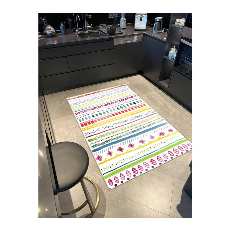 Tapis tissé multicolore à rayures et motifs géométriques lavables à la machine, Carré 3 pi 3 po
