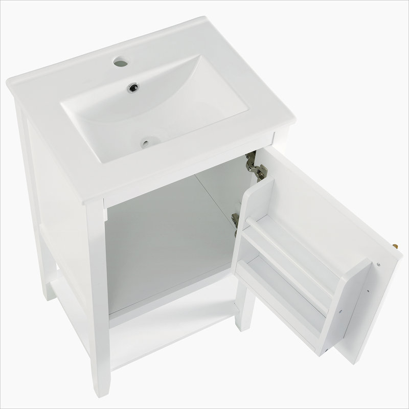 Meuble-lavabo de 20 po avec lavabo, armoire de salle de bain avec porte à fermeture douce, support de rangement et tablette ouverte, blanc