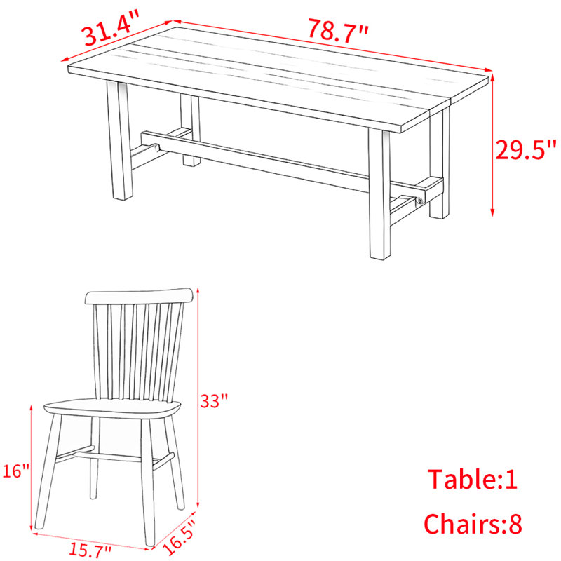 Ensemble de table de salle à manger en bois massif de style nordique, H 29,5 po x L 78,7 po x l 31,4 po