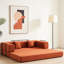 Lit en velours côtelé orange à 3 places avec structure de forme fixe, coussin cylindrique, canapé de plancher pour le salon, mousse à mémoire de forme douce, dossier coussiné, salon à délicatesse, accoudoirs carrés à haute densité, décontracté
