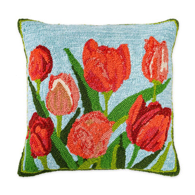 Indoor/Outdoor Pink Tulips Hooked Polypropylene Throw Pillow 18"X18"