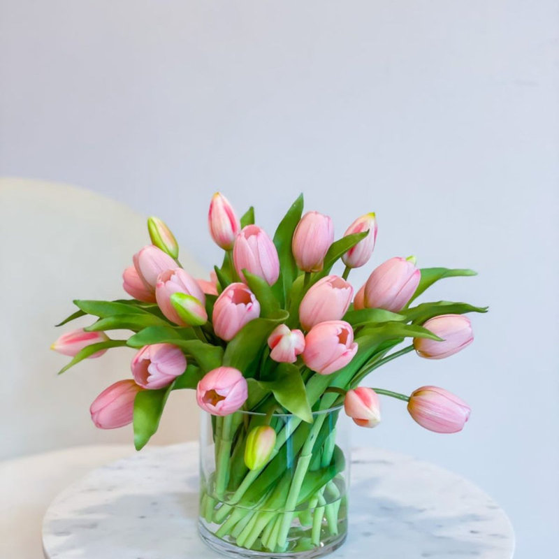 Real Touch Faux Tulip Arrangement In Glass Vase, Pink