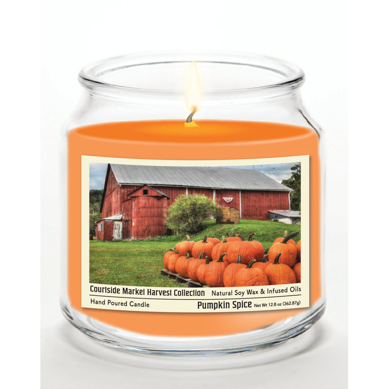 Bougie en pot de verre de 400 g (14 oz) Pumpkin Barn avec couvercle en métal argenté brossé