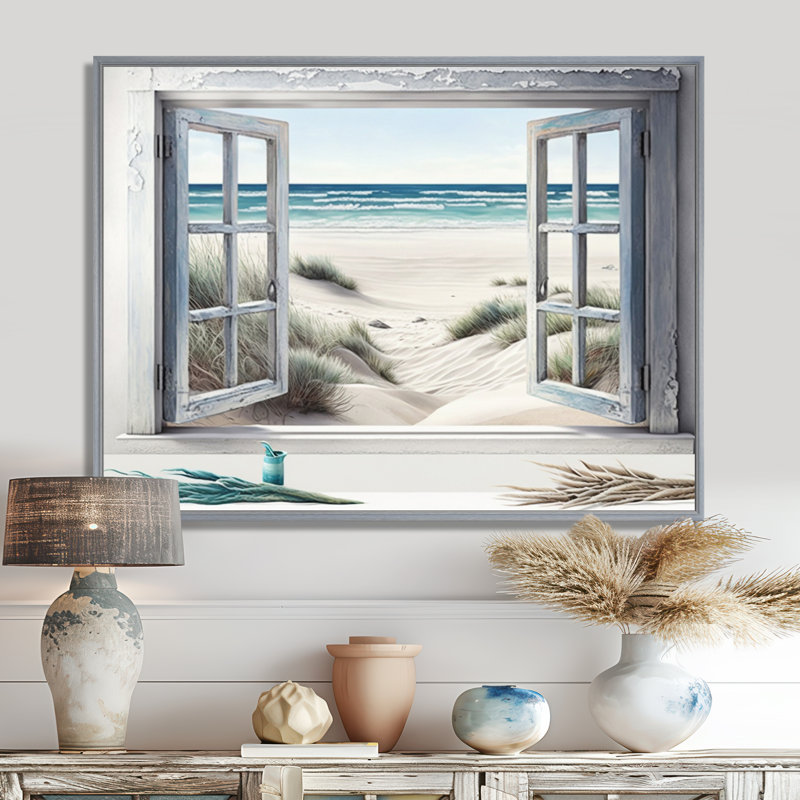 Fenêtre sur la plage III - art mural plage côtière, 16" H x 32" W, Natural Floater Framed