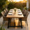 Table de salle à manger d'extérieur en bois d'acacia 70,75 po, plateau en bois brun naturel avec structure en métal noir, panneau à lattes de style rustique pour patio et cour arrière