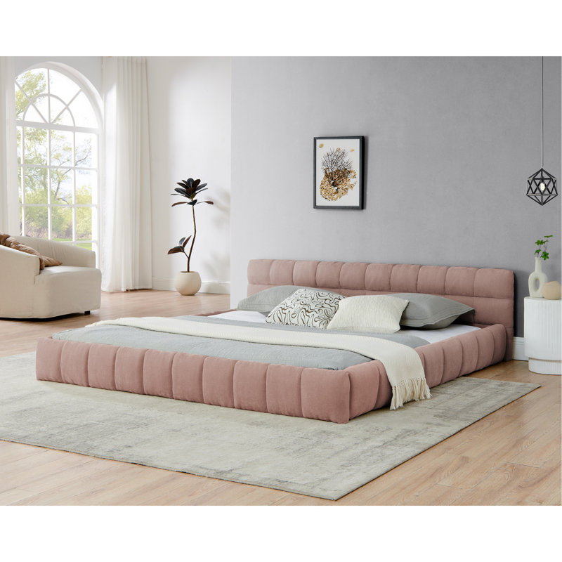 King Size Upholstered Bed Frame With Thick Fabric, Chenille Fabric Grounded Platform Bed With Headboard And Solid Frame. No Box Spring Needed-Pink(88.5''*85.5''*24'')