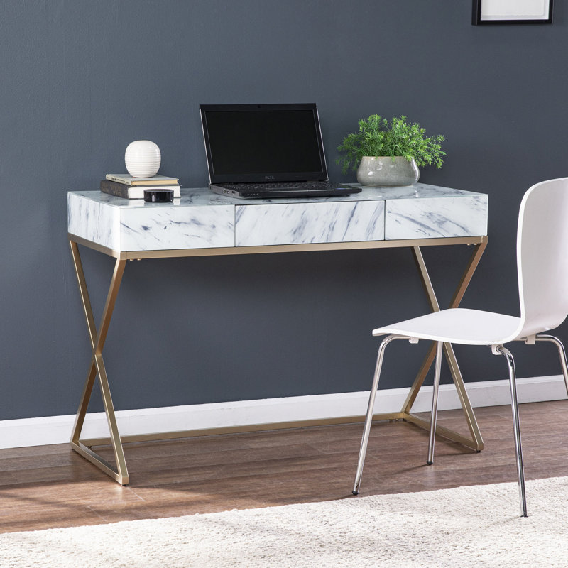 45" White and Bronze Glass and Iron Sled With Two Drawers
