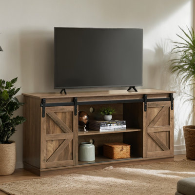 Meuble télé de 58 pouces de style campagnard, convenant aux téléviseurs de 65 pouces, centre de divertissement avec portes de grange coulissantes et tablettes réglables, console avec espace de rangement