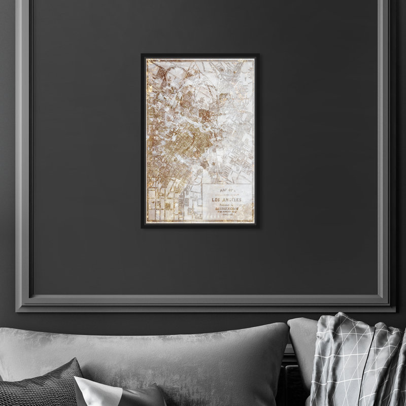 «Dusty Gold Los Angeles Map», impression sur toile, Cadre noir, H 16 po x l 11 po