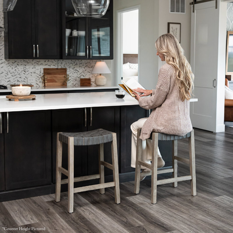 Maven Lane Emerson Kitchen Stool with Faux Leather Upholstery, Weathered Gray, Bar Stool (31" Seat Height)