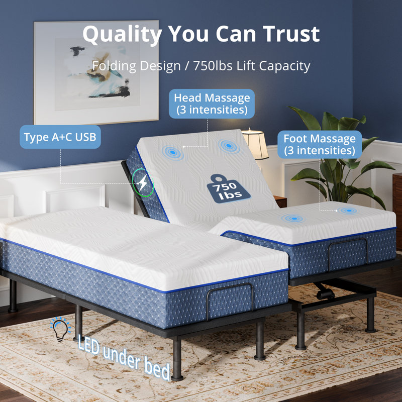Split King Massaging Adjustable Bed With 12 Inch Memory Mattress Included, Wireless Remote, Underbed Light