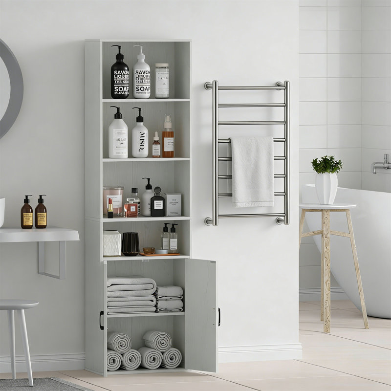 Embossed White Tall Bathroom Floor Cabinet With Wide 4-Tier Shelf