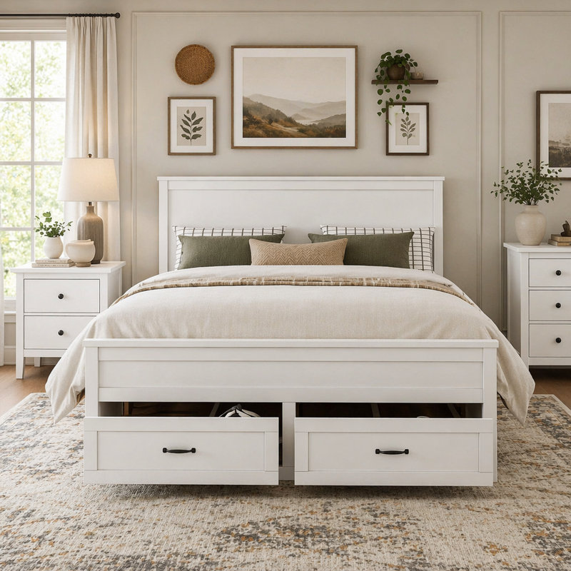Base de lit en bois avec rangement à 6 tiroirs et tête de lit haute, Blanc