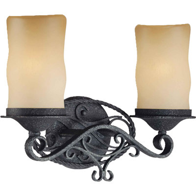 Sevilla 2-Light Indoor Antique Hand-Forged Wrought Iron Bath or Vanity Wall Mount with Candle-Shaped Sandstone Glass Shades