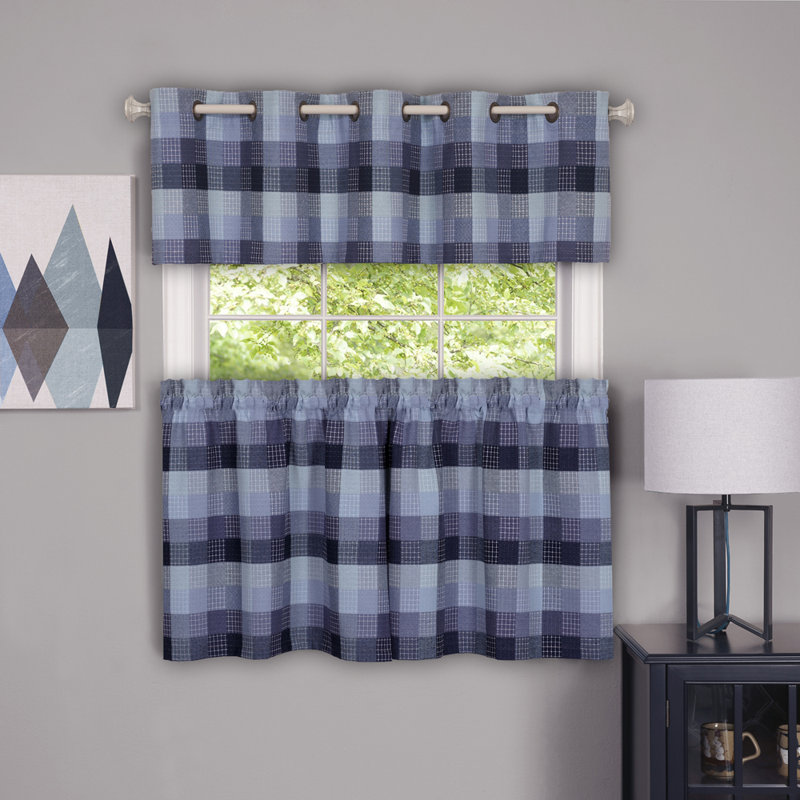 Woven Trends Adoxa Plaid Tailored Tier and Valance Window Curtain Set, Blue, 57" W x 36" L