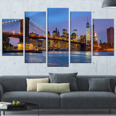 «Brooklyn Bridge with Lights and Reflections», ensemble de 5 reproductions de photos sur toiles tendues