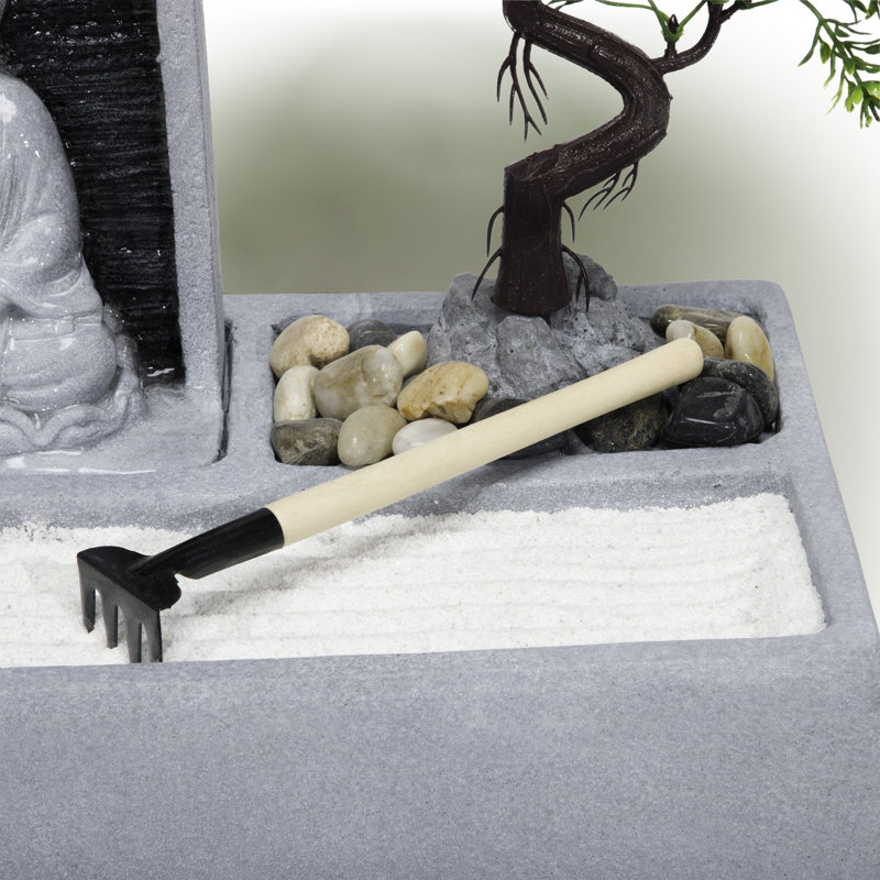 Gray Cement Buddha Bonsai Garden Tabletop Fountain with LED Light