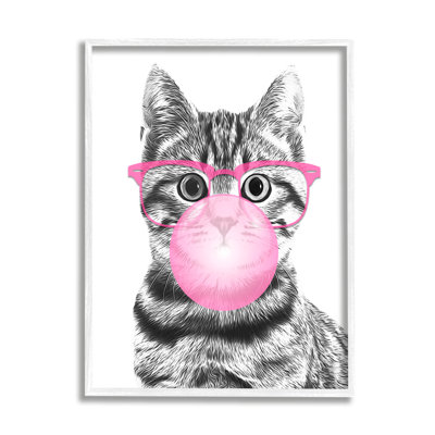 Adorable Cat Bubble Gum Pink Glasses Monochrome Illustration  White Framed Giclee Texturized Art by Annalisa Latella