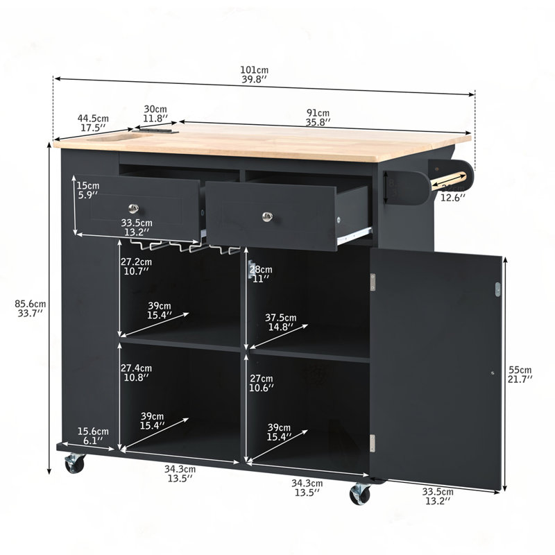 Kitchen Island with Power Outlet, Black