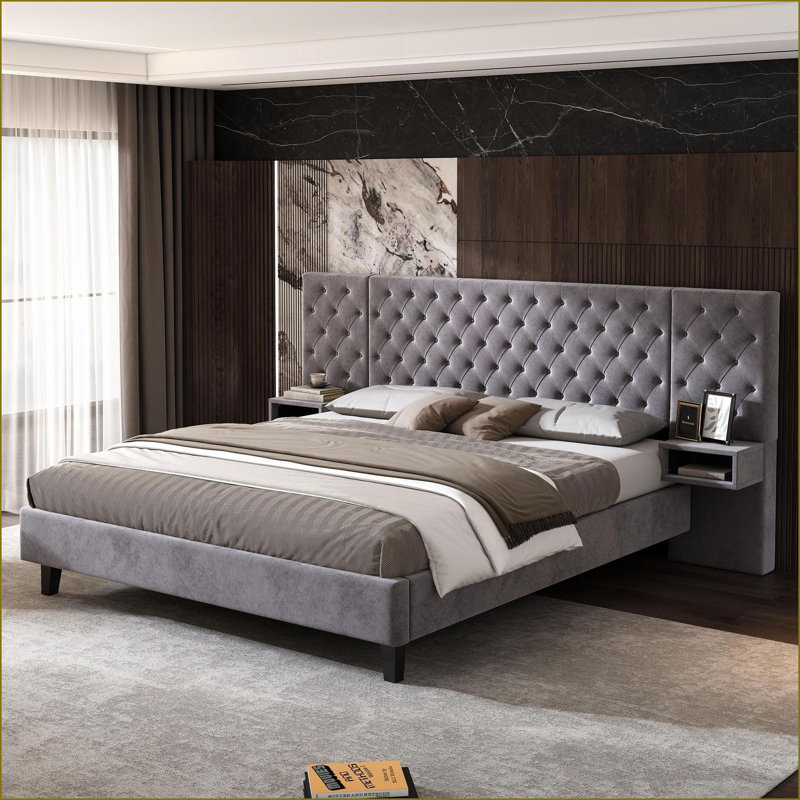 Lit plateforme très grand en velours avec tête de lit capitonnée et très grand lit 2 tables de chevet, aucun sommier requis, gris