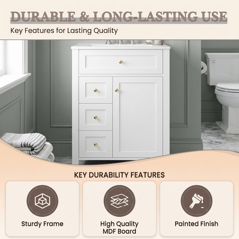 Ensemble de meuble-lavabo autoportant en MDF 24 po blanc avec lavabo en céramique, poignées en métal, porte à fermeture en douceur, support de rangement