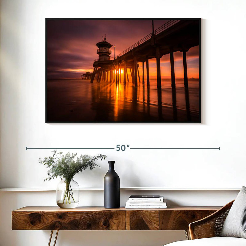 Coucher de soleil à Huntington Beach Pier, Cadre flottant noir, 40 po x 27 po